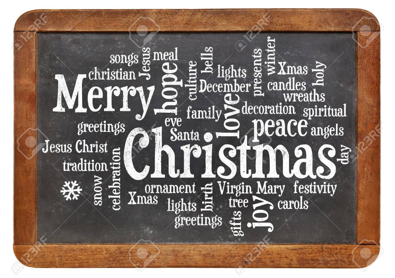 cloud of words or tags related to christmas on a vintage slate words related to christmas