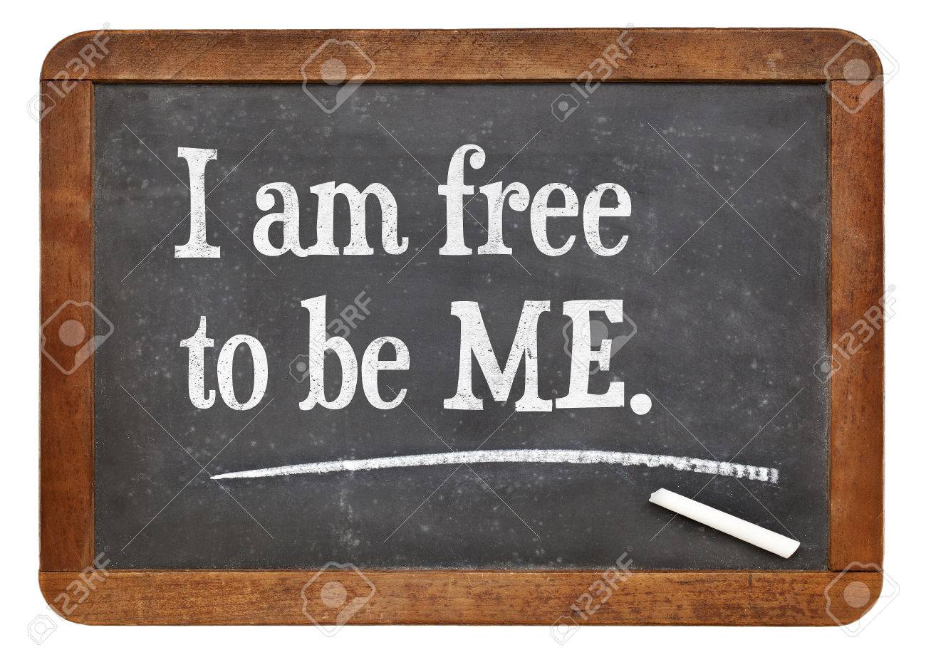 i am free to be me positive words on a vintage slate blackboard