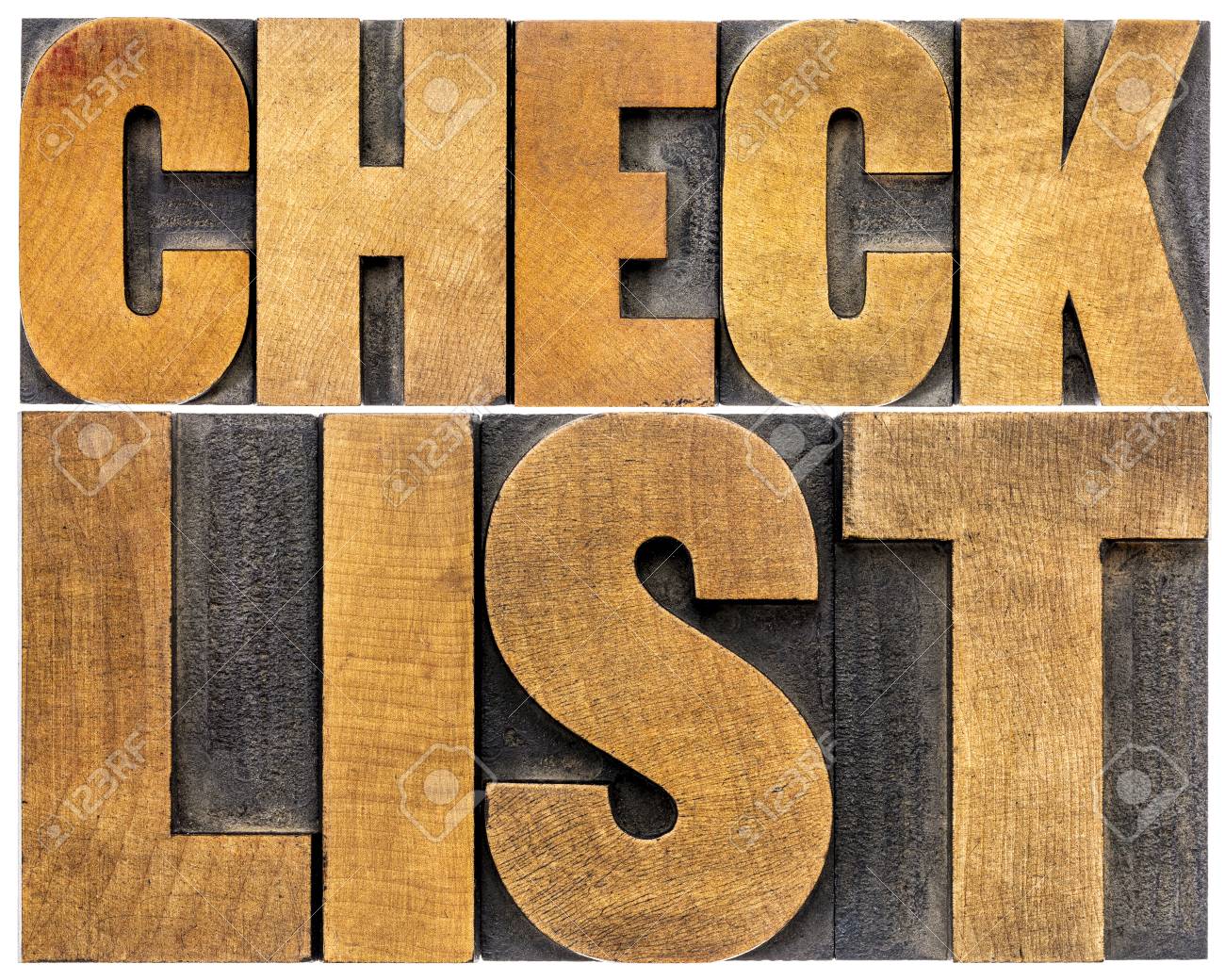 checklist word typography isolated text in letterpress wood checklist word