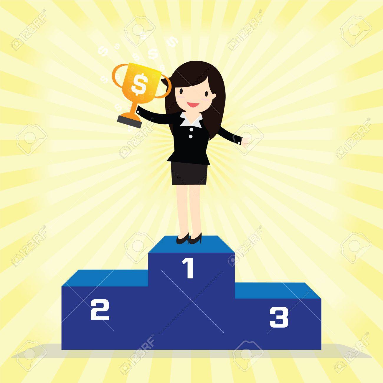 Business Woman Winner Standing In First Place On A Podium Holding Royalty Free Cliparts Vectors And Stock Illustration Image 36957262