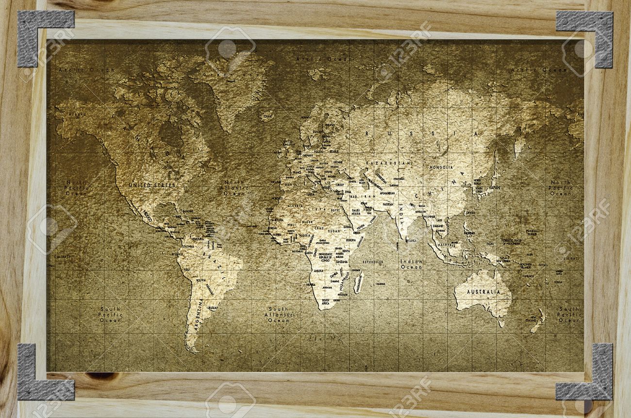 Carte Du Monde Avec La Texture Vieux Grande Et Les Couleurs étonnantes Dans Cadre En Bois