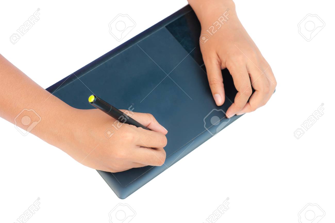 closeup hand holding pen with draw pad isolated on white stock