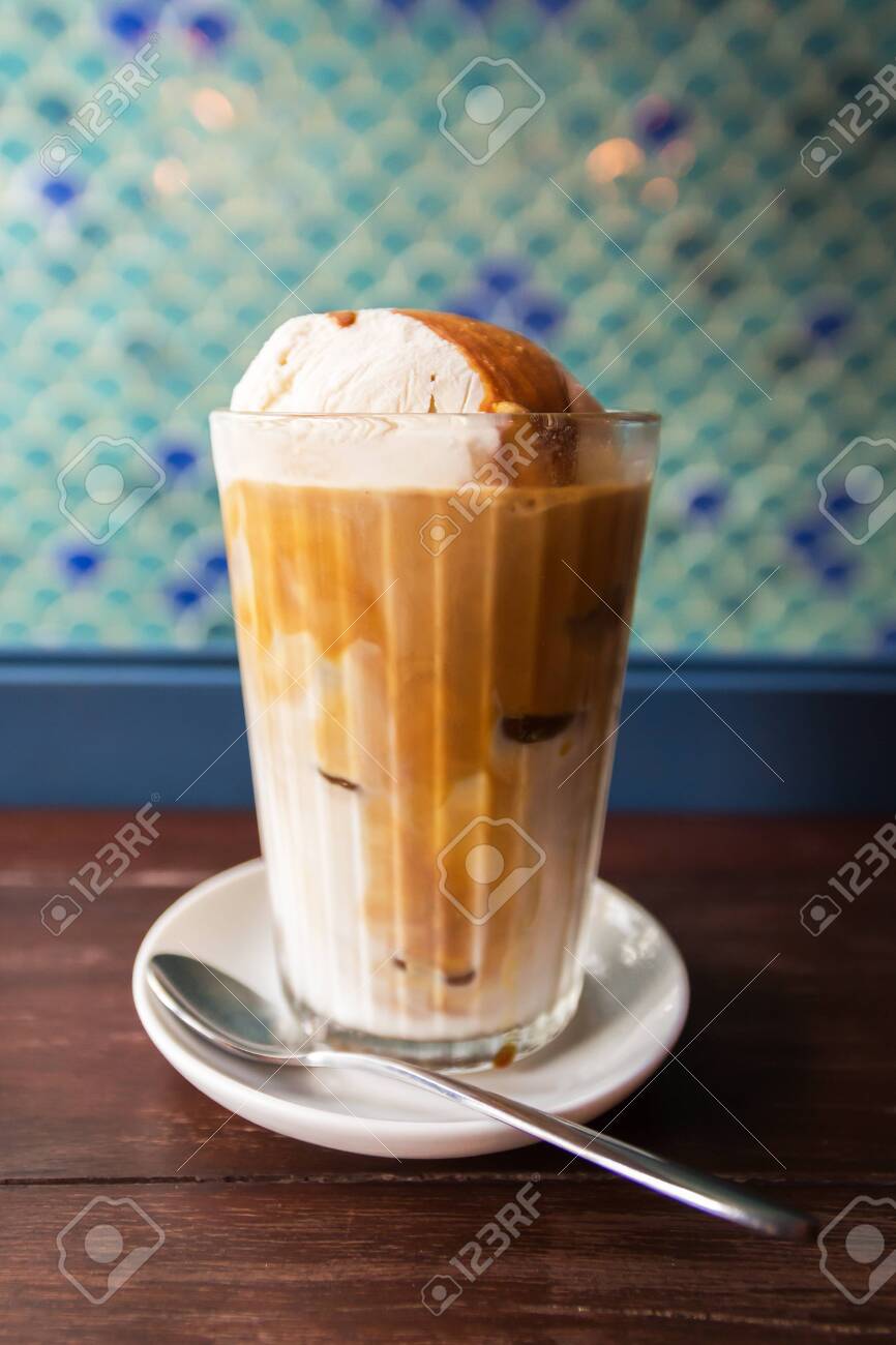 Ice Latte Coffee With Scoop Of Vanilla Ice Cream And Caramel Stock Photo Picture And Royalty Free Image Image 143594069