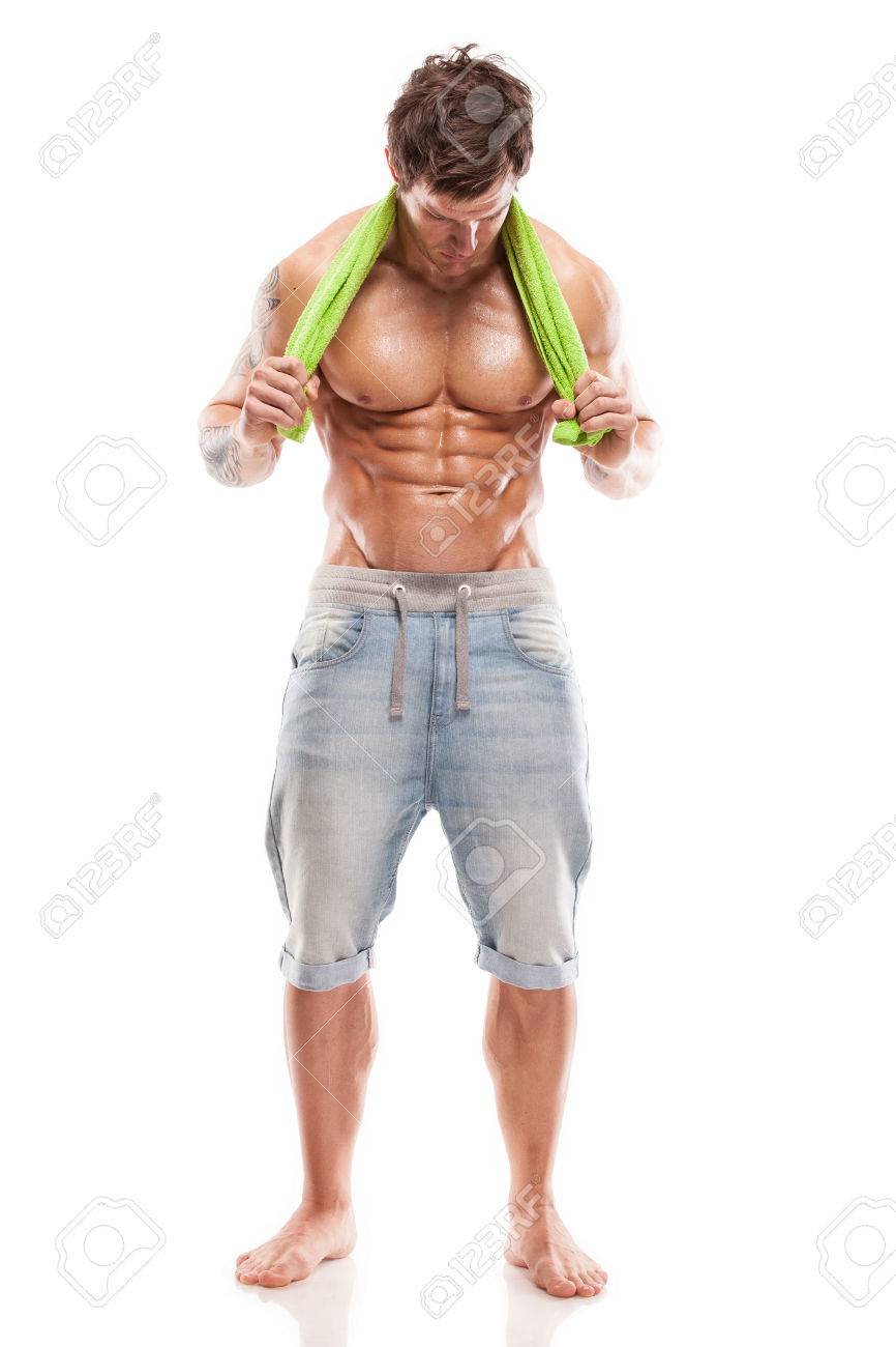 Strong Athletic Man Fitness Model Torso showing six pack abs holding towel - 26364950 Strong Athletic Man Fitness Model Torso showing six pack abs holding towel - 26364950