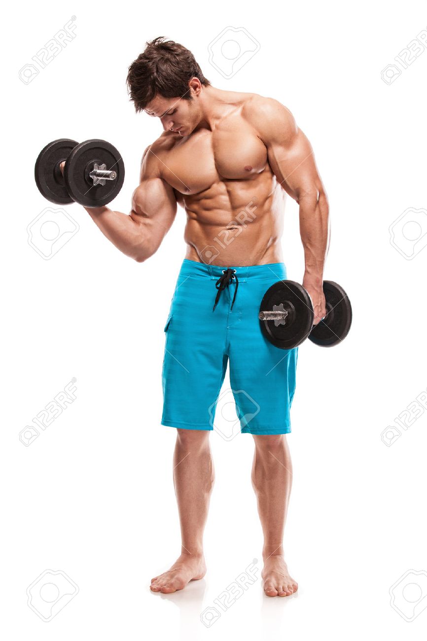 Muscular bodybuilder guy doing exercises with dumbbells isolated over white background - 26372277 Muscular bodybuilder guy doing exercises with dumbbells isolated over white background - 26372277