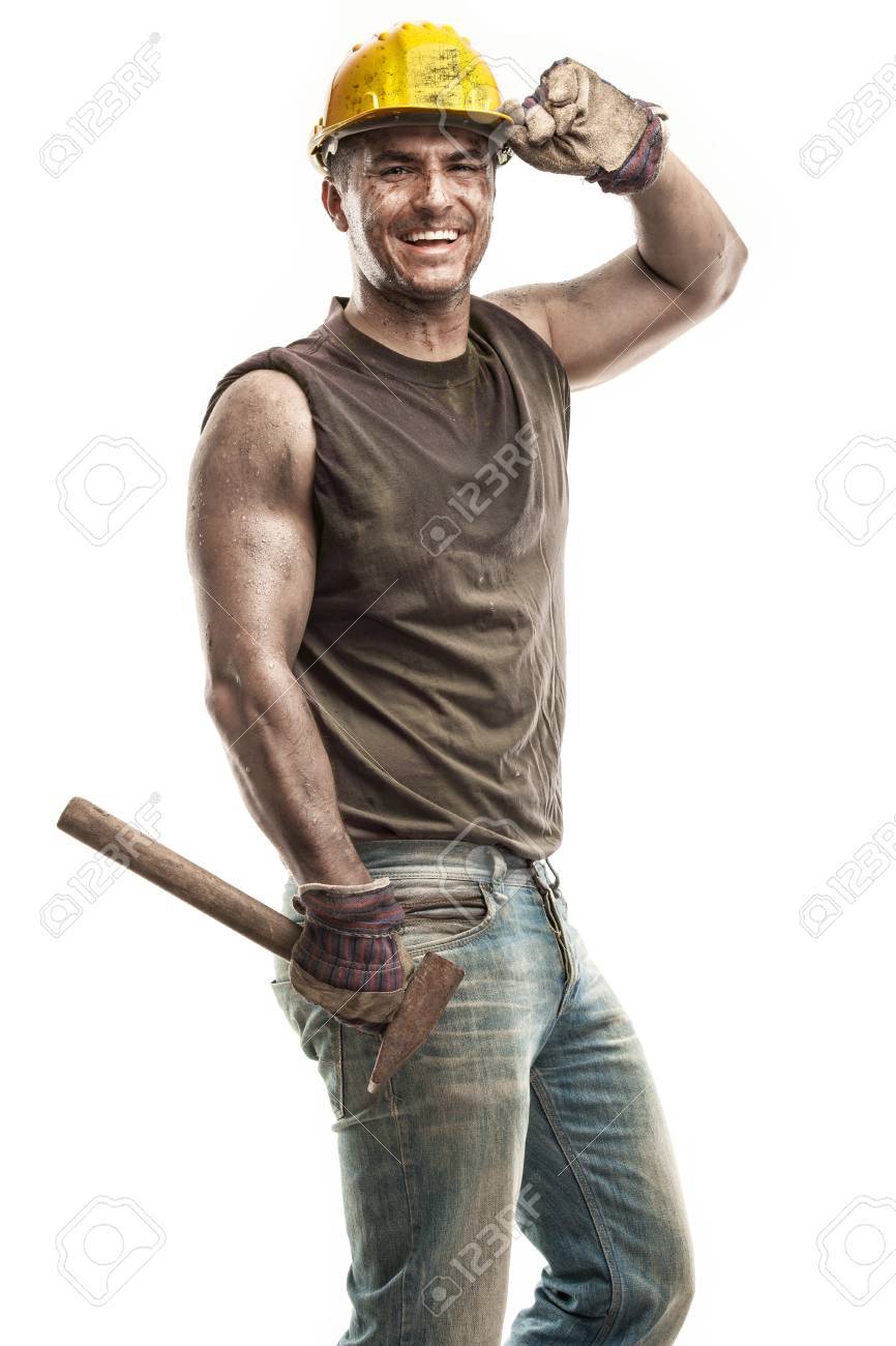 Young dirty Worker Man With Hard Hat helmet holding a hammer and smiling isolated on White Background - 29565759 Young dirty Worker Man With Hard Hat helmet holding a hammer and smiling isolated on White Background - 29565759