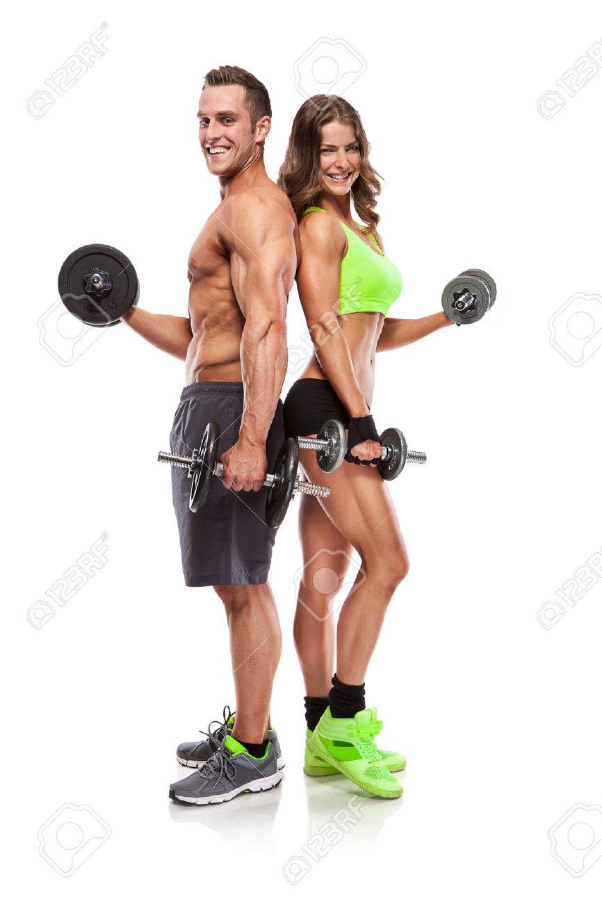 beautiful fitness young sporty couple with dumbbell isolated over white background - 29565798 beautiful fitness young sporty couple with dumbbell isolated over white background - 29565798