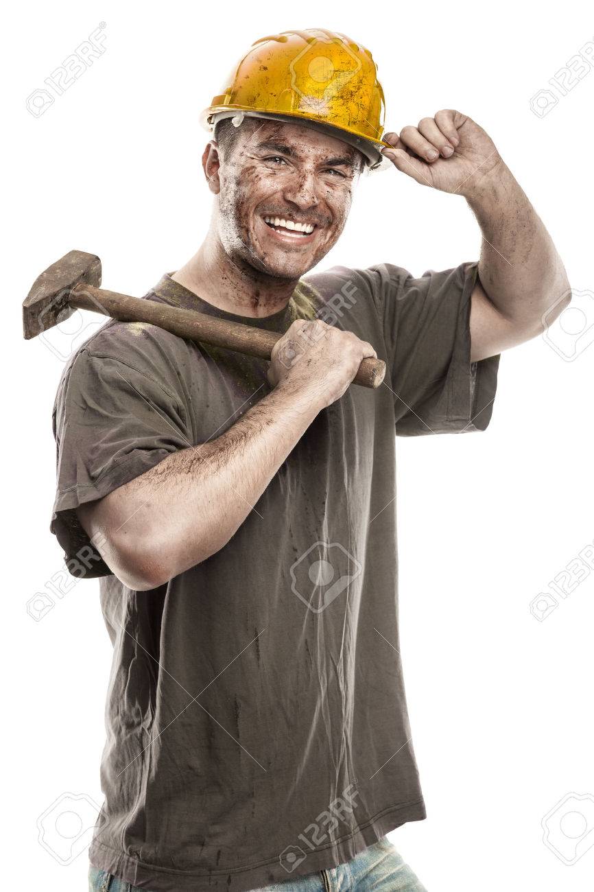 Young dirty Worker Man With Hard Hat helmet holding a hammer isolated on White Background - 38539126 Young dirty Worker Man With Hard Hat helmet holding a hammer isolated on White Background - 38539126