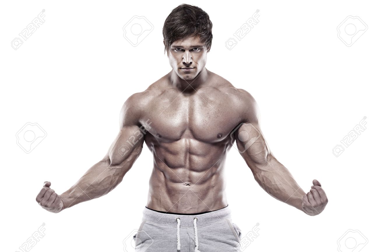 白い背景の上のマッチョな体とシックス パック Abs を示す強者運動 の写真素材 画像素材 Image