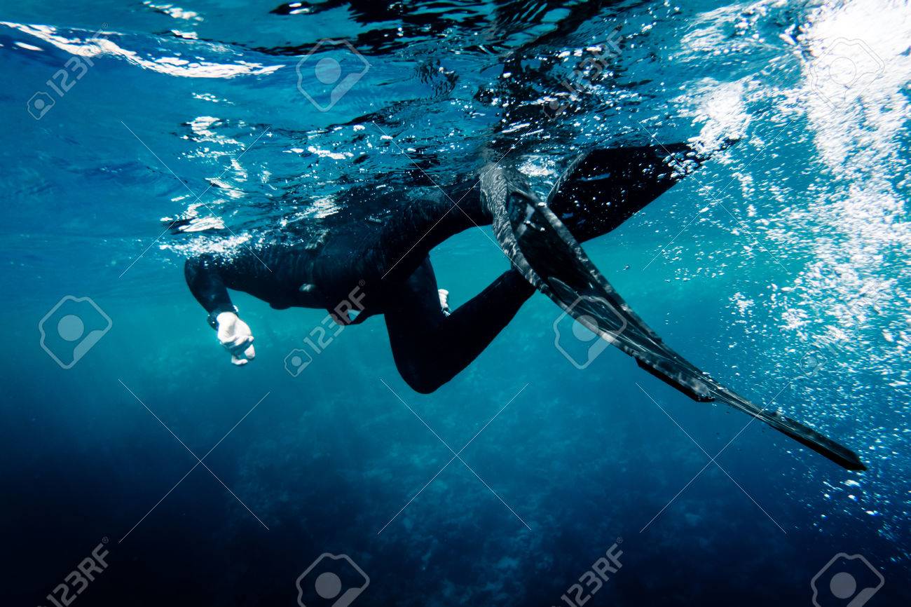 Freediver in wetsuit neoprene swim in the sea - 59981555 Freediver in wetsuit neoprene swim in the sea - 59981555