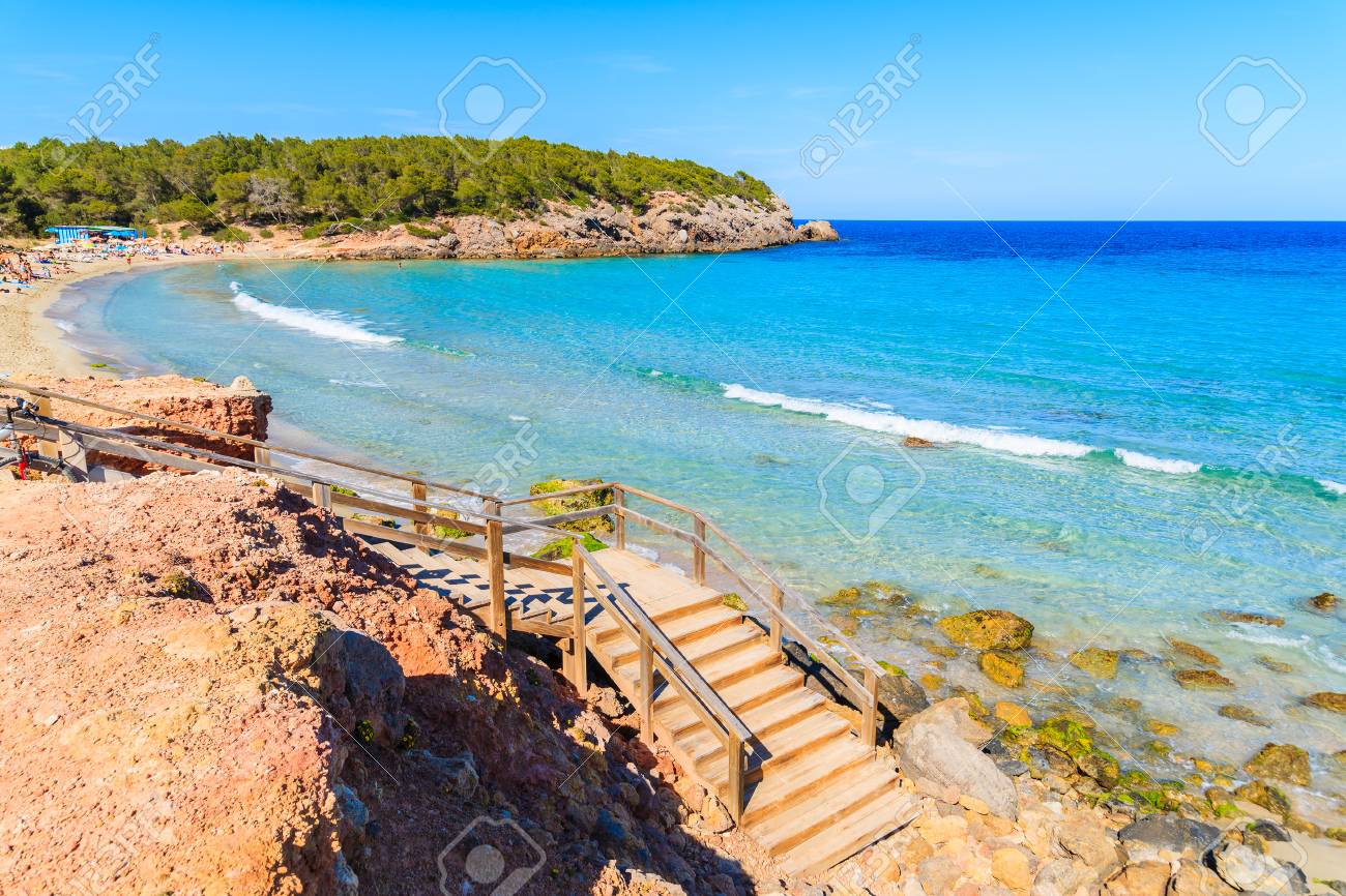 Wooden Steps To Cala Nova Beach On Sunny Summer Day Ibiza Island