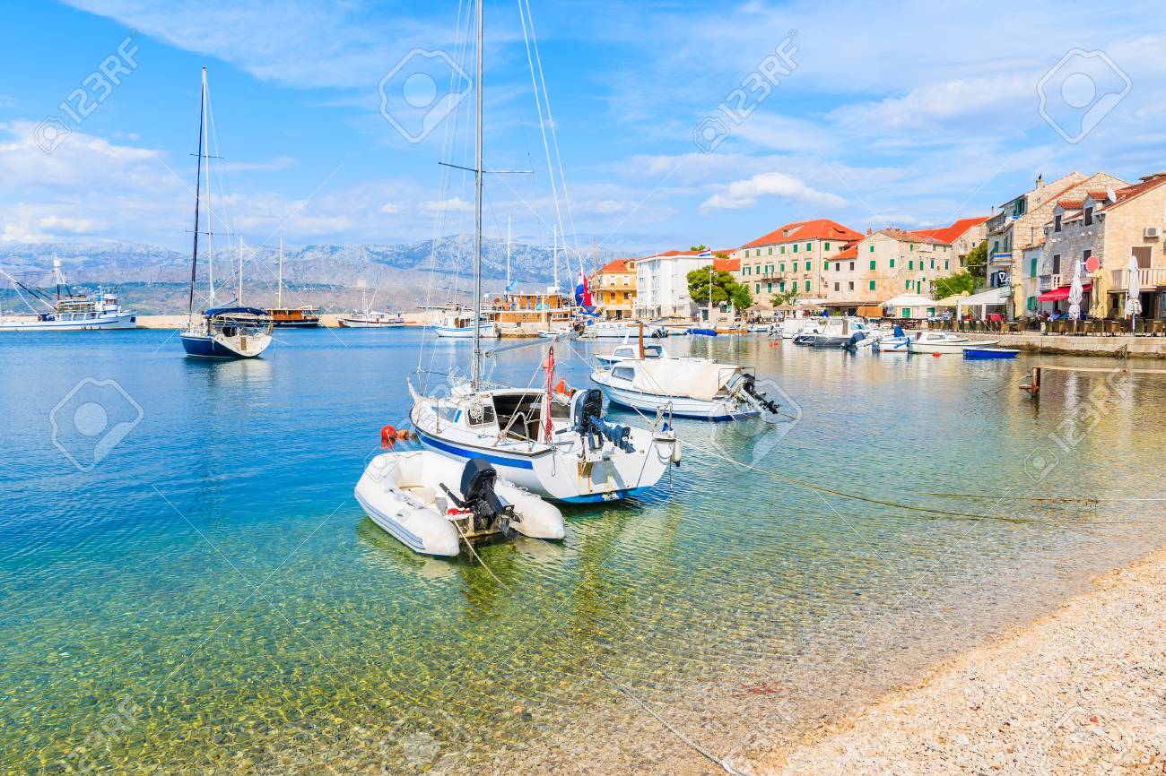 Sailing Boats In Postira Port With Beautiful Beach Brac Island Croatia Stock Photo Picture And Royalty Free Image Image