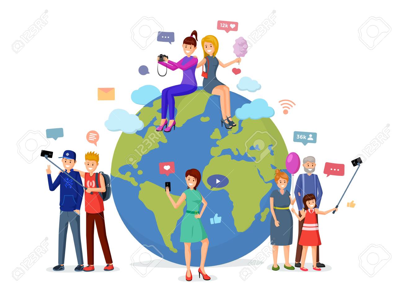 Worldwide Social Media Leisure Vector Illustration. Happy Bloggers,  Travelers, Streamers Taking Selfie Cartoon Characters. Global Online  Communication Network, Internet Technology, Modern Lifestyle Royalty Free  SVG, Cliparts, Vectors, and Stock ..., image size:1300x975