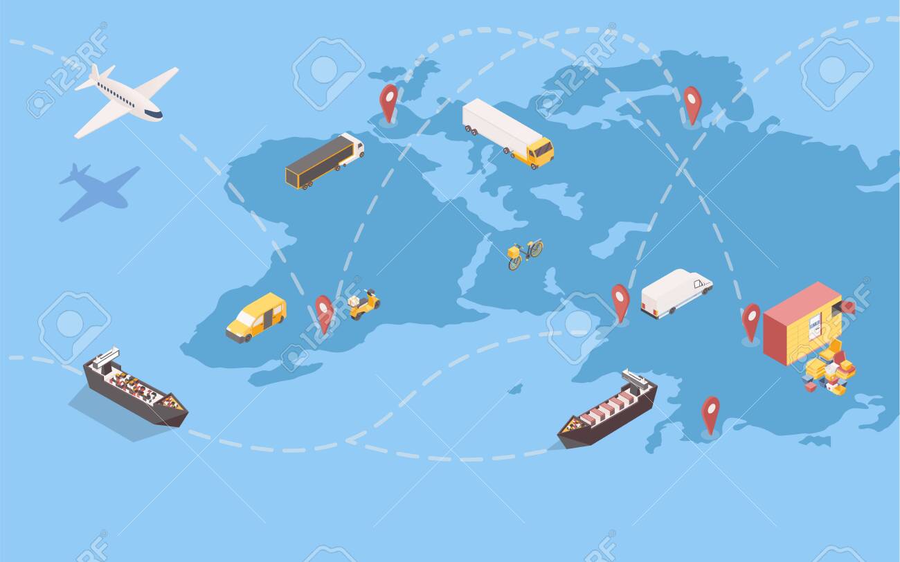 Worldwide goods shipment isometric illustration. Global delivery service with international trade routes and various transportation means. Logistic company transatlantic freight shipping - 138328088 Worldwide goods shipment isometric illustration. Global delivery service with international trade routes and various transportation means. Logistic company transatlantic freight shipping - 138328088