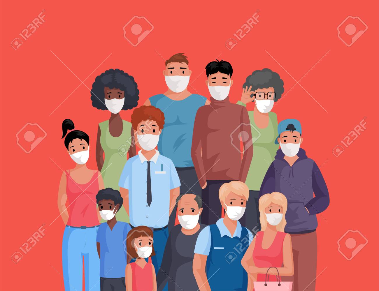 Multiracial and multicultural group of people standing together and wearing face masks flat cartoon illustration. - 148111872 Multiracial and multicultural group of people standing together and wearing face masks flat cartoon illustration. - 148111872