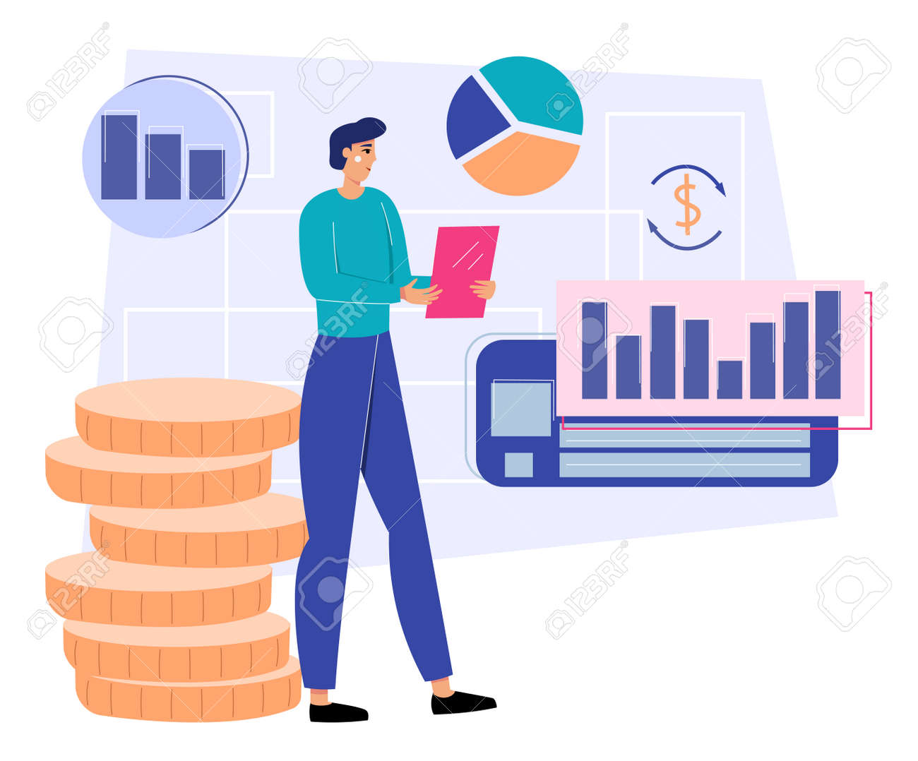 お金のコイン、チャート、グラフを持つ女性。プロジェクトのプレゼンテーションと金儲け、成長の概念。フラットなデザインのイラスト。ベクターのイラスト素材・ベクター  Image 163872010
