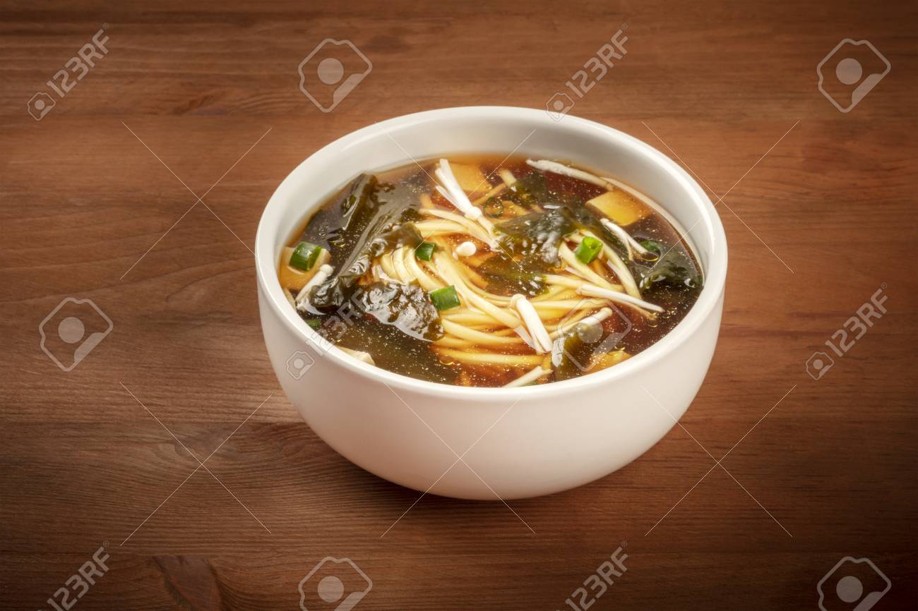 A Photo Of A Bowl Of Miso Soup With Tofu Scallions Noodles Stock Photo Picture And Royalty Free Image Image 113265463