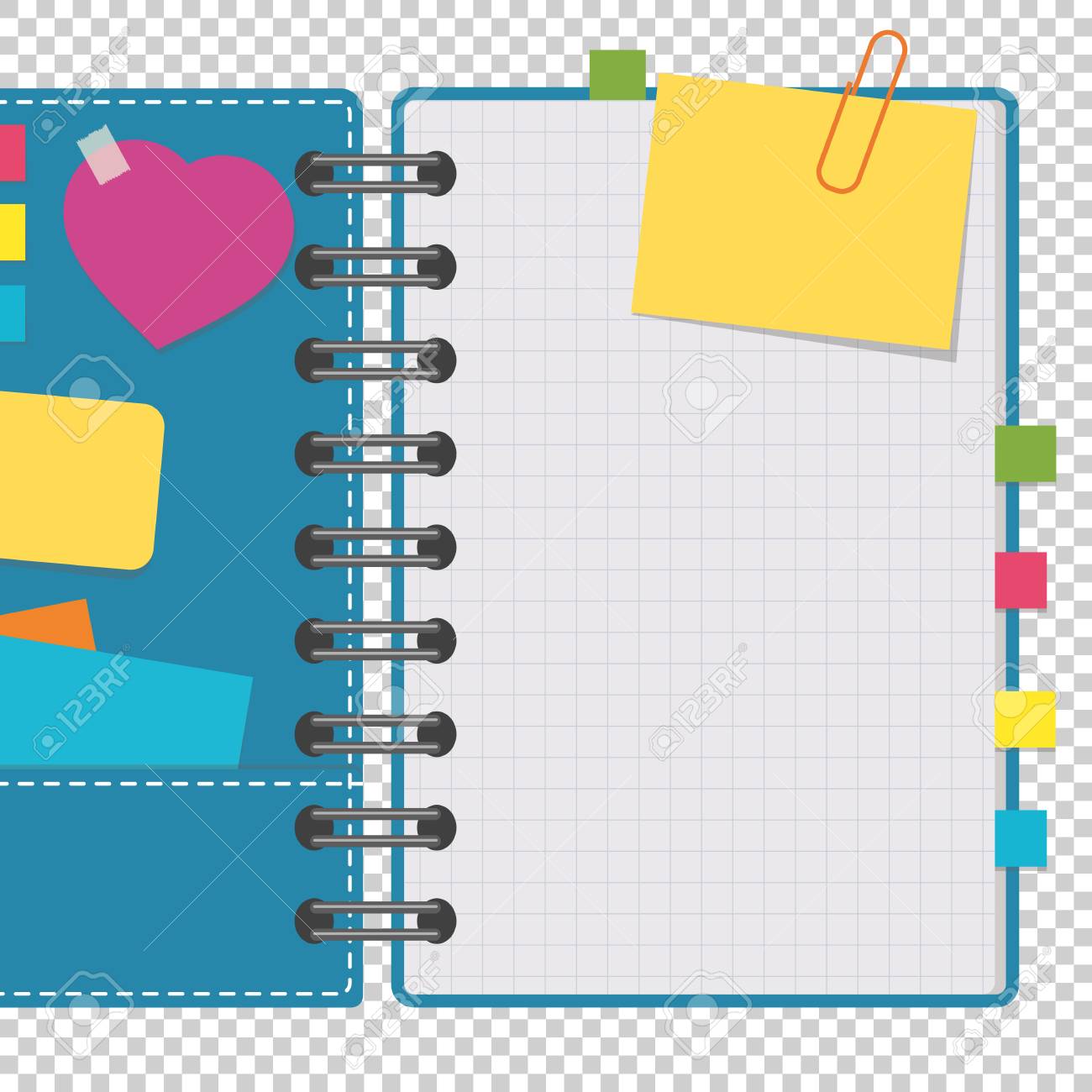 Open notepad with clean sheets on a spiral with bookmarks between the pages. Colorful flat vector illustration isolated on a transparent background. With space for text or image - 99266873 Open notepad with clean sheets on a spiral with bookmarks between the pages. Colorful flat vector illustration isolated on a transparent background. With space for text or image - 99266873
