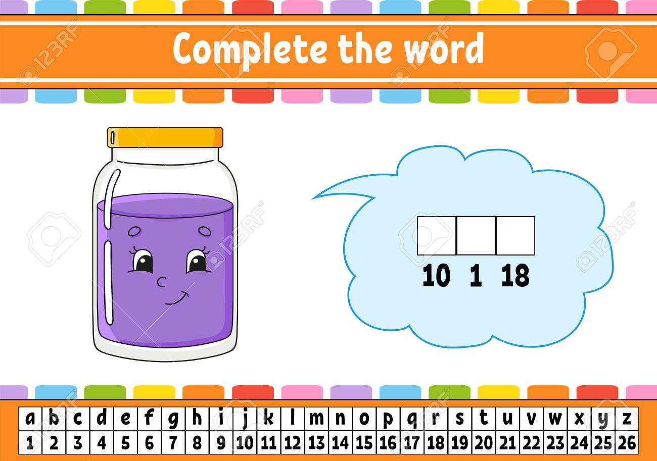 이 낱말들을 완성 해. 암호 코드. 어휘와 숫자 학습. 교육 개발 워크시트입니다. 영어 공부를 위한 활동 페이지입니다. 어린이를 위한  게임. 격리 된 벡터 일러스트 레이 션. 만화 캐릭터. 로열티 무료 사진, 그림,