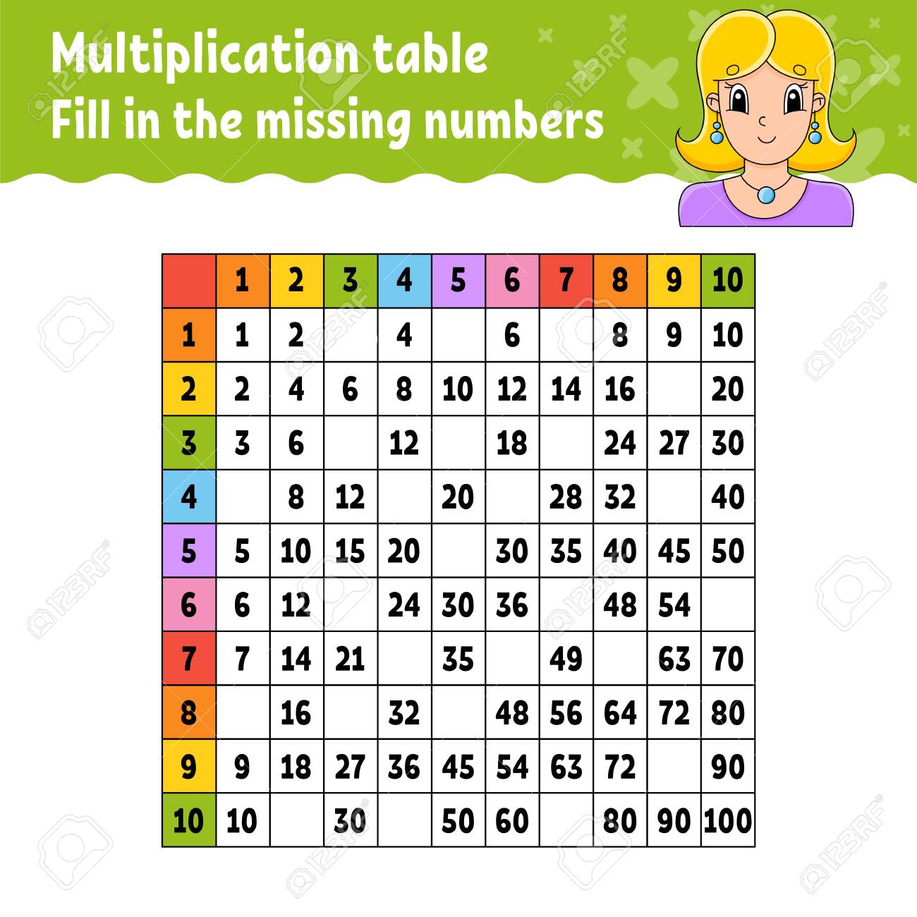 paste the missing numbers learning multiplication table handwriting practice education developing worksheet color activity page game for children isolated vector illustration in cartoon style royalty free cliparts vectors and stock