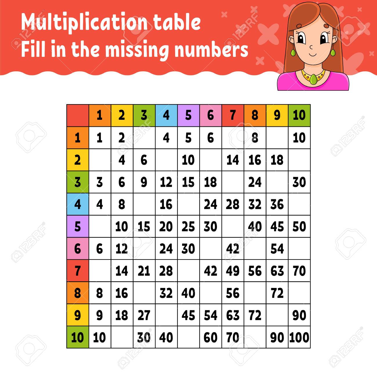 paste the missing numbers learning multiplication table handwriting practice education developing worksheet color activity page game for children isolated vector illustration in cartoon style royalty free cliparts vectors and stock