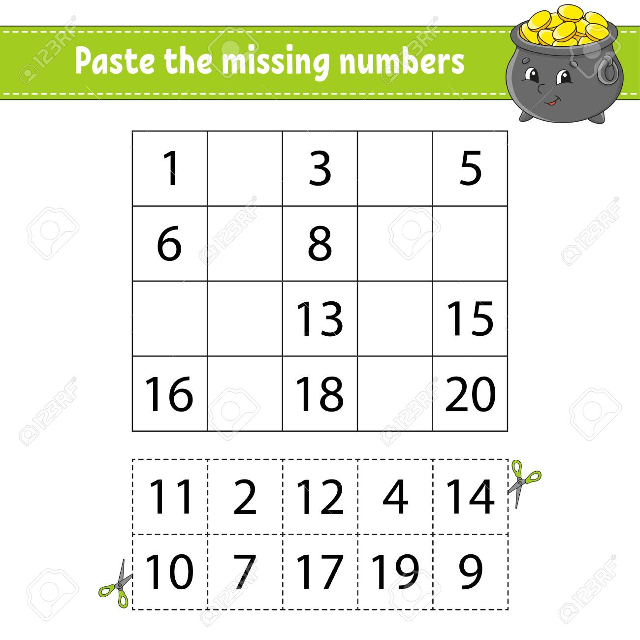 paste the missing numbers 1 20 game for children handwriting practice learning numbers for kids education developing worksheet activity page isolated vector illustration in cute cartoon style royalty free cliparts vectors and stock