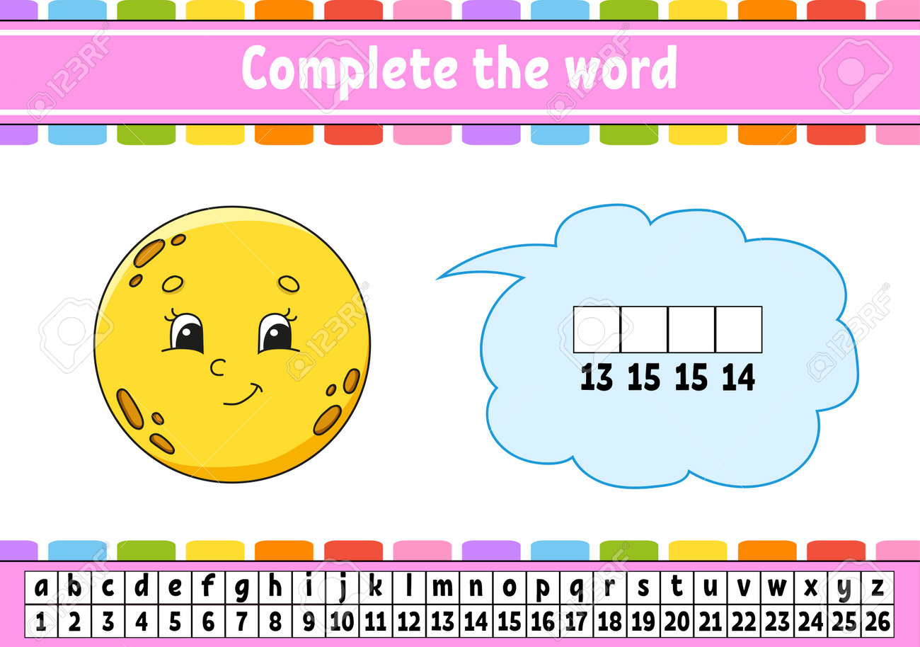 이 낱말들을 완성 해. 암호 코드. 어휘와 숫자 학습. 교육 워크시트. 영어 공부를 위한 활동 페이지. 격리 된 벡터 일러스트 레이  션. 만화 캐릭터. 로열티 무료 사진, 그림, 이미지 그리고 스톡포토그래피. Image