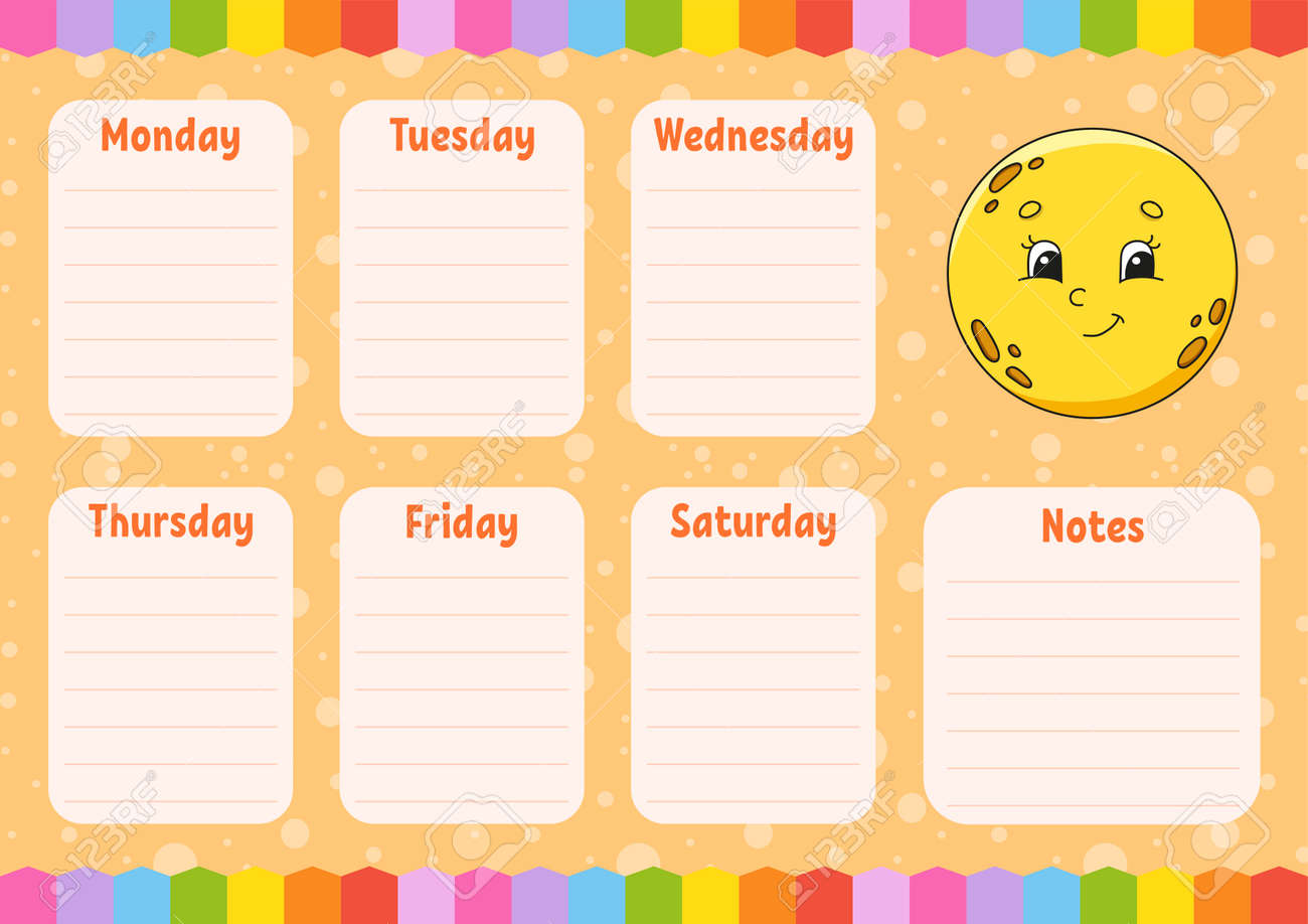 School schedule. Cute moon. Timetable for schoolboys. Empty template. Weekly planer with notes. Isolated color vector illustration. Cartoon character. - 169599621 School schedule. Cute moon. Timetable for schoolboys. Empty template. Weekly planer with notes. Isolated color vector illustration. Cartoon character. - 169599621