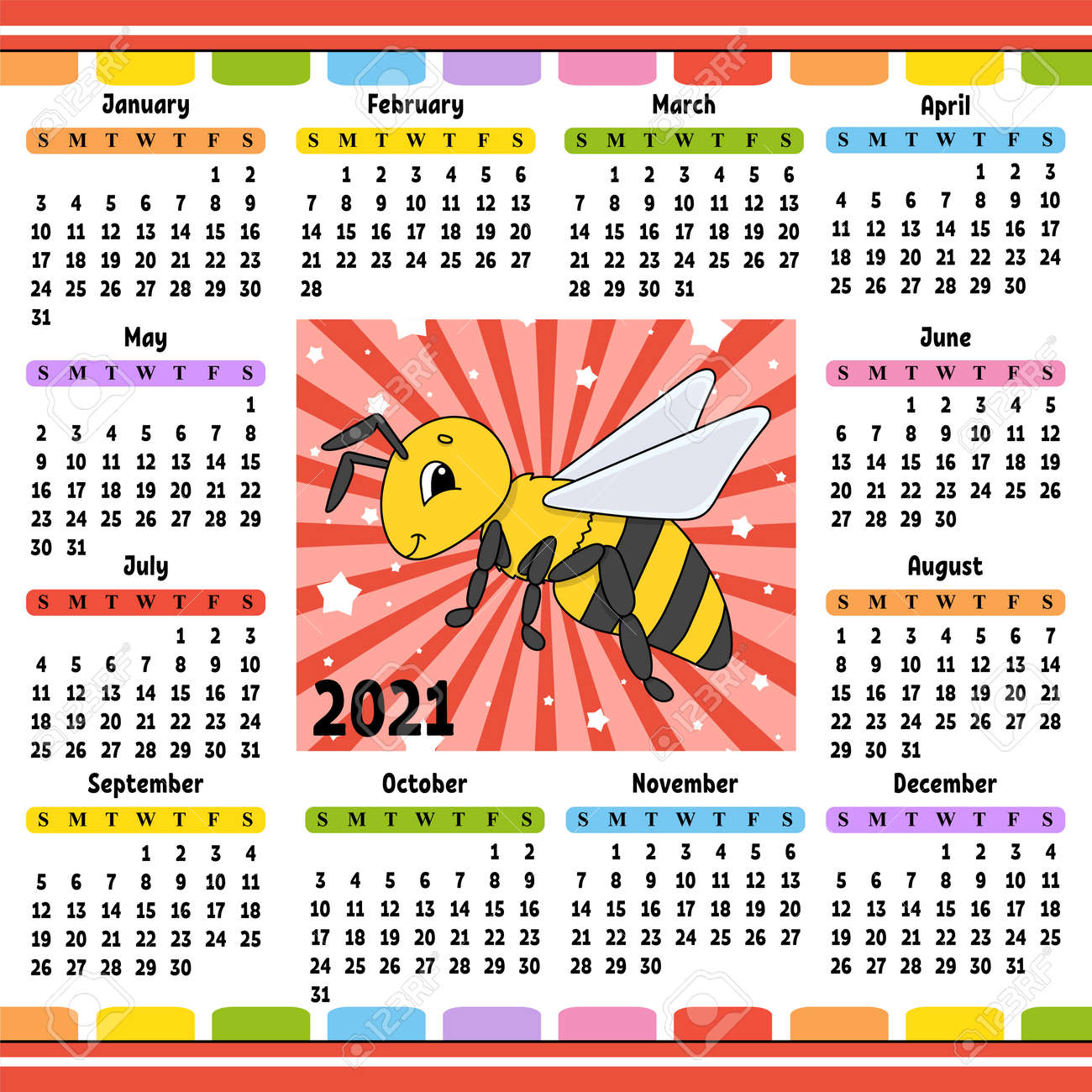 Calendar for 2021 with a cute character. Striped bee Fun and bright design. Isolated color vector illustration. Cartoon style. - 169599678 Calendar for 2021 with a cute character. Striped bee Fun and bright design. Isolated color vector illustration. Cartoon style. - 169599678