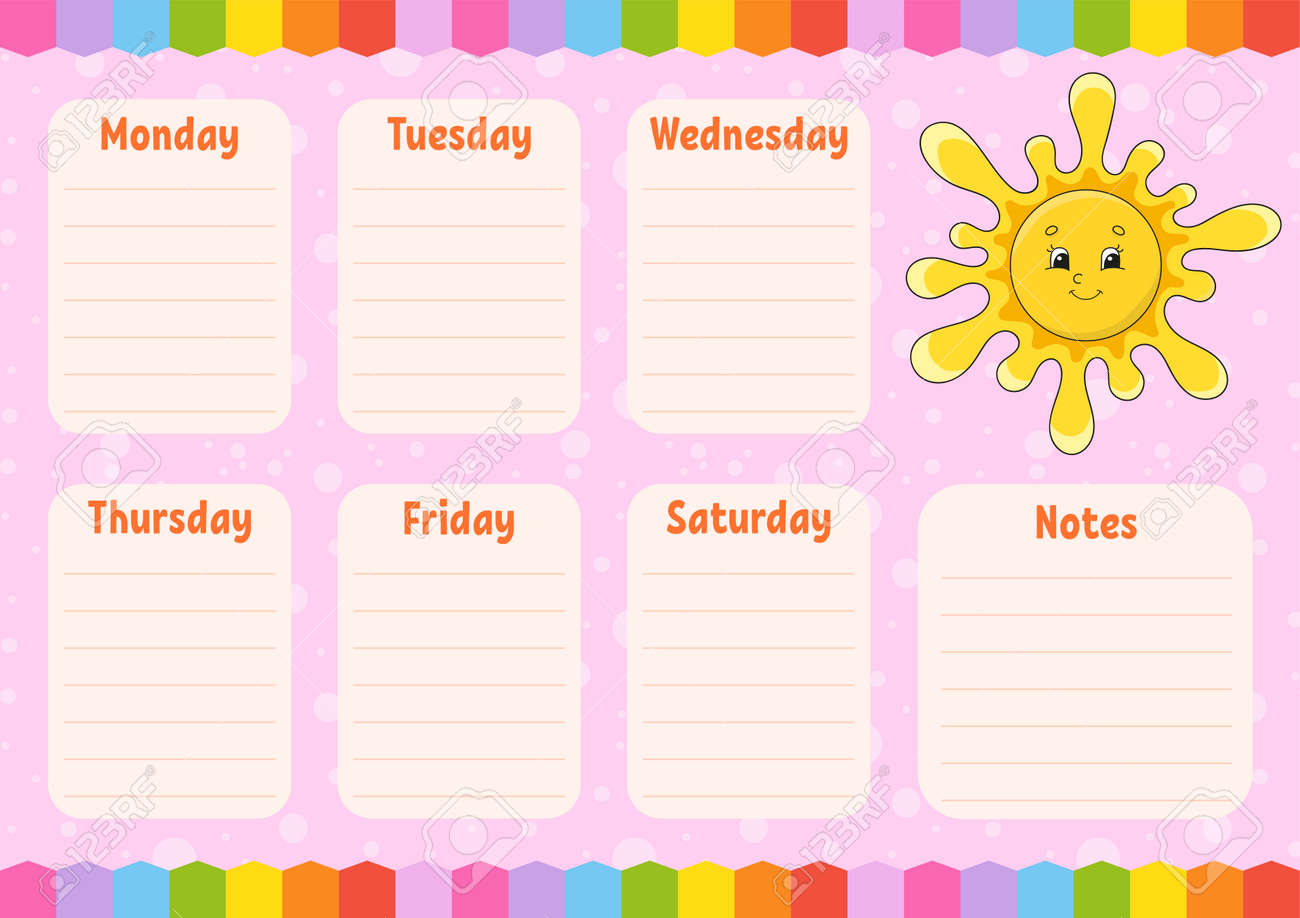 School schedule. Cute sun. Timetable for schoolboys. Empty template. Weekly planer with notes. Isolated color vector illustration. Cartoon character. - 169599701 School schedule. Cute sun. Timetable for schoolboys. Empty template. Weekly planer with notes. Isolated color vector illustration. Cartoon character. - 169599701