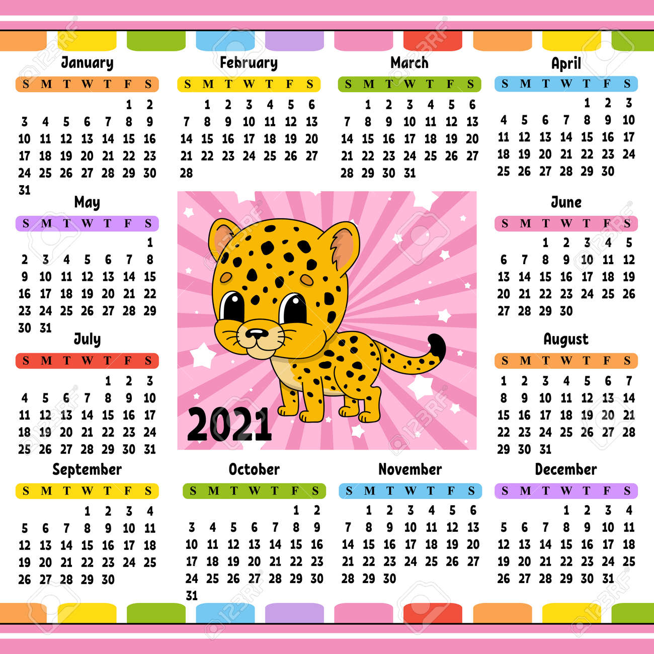 Calendar for 2021 with a cute character. Spotted jaguar. Fun and bright design. Isolated color vector illustration. Cartoon style. - 169599721 Calendar for 2021 with a cute character. Spotted jaguar. Fun and bright design. Isolated color vector illustration. Cartoon style. - 169599721