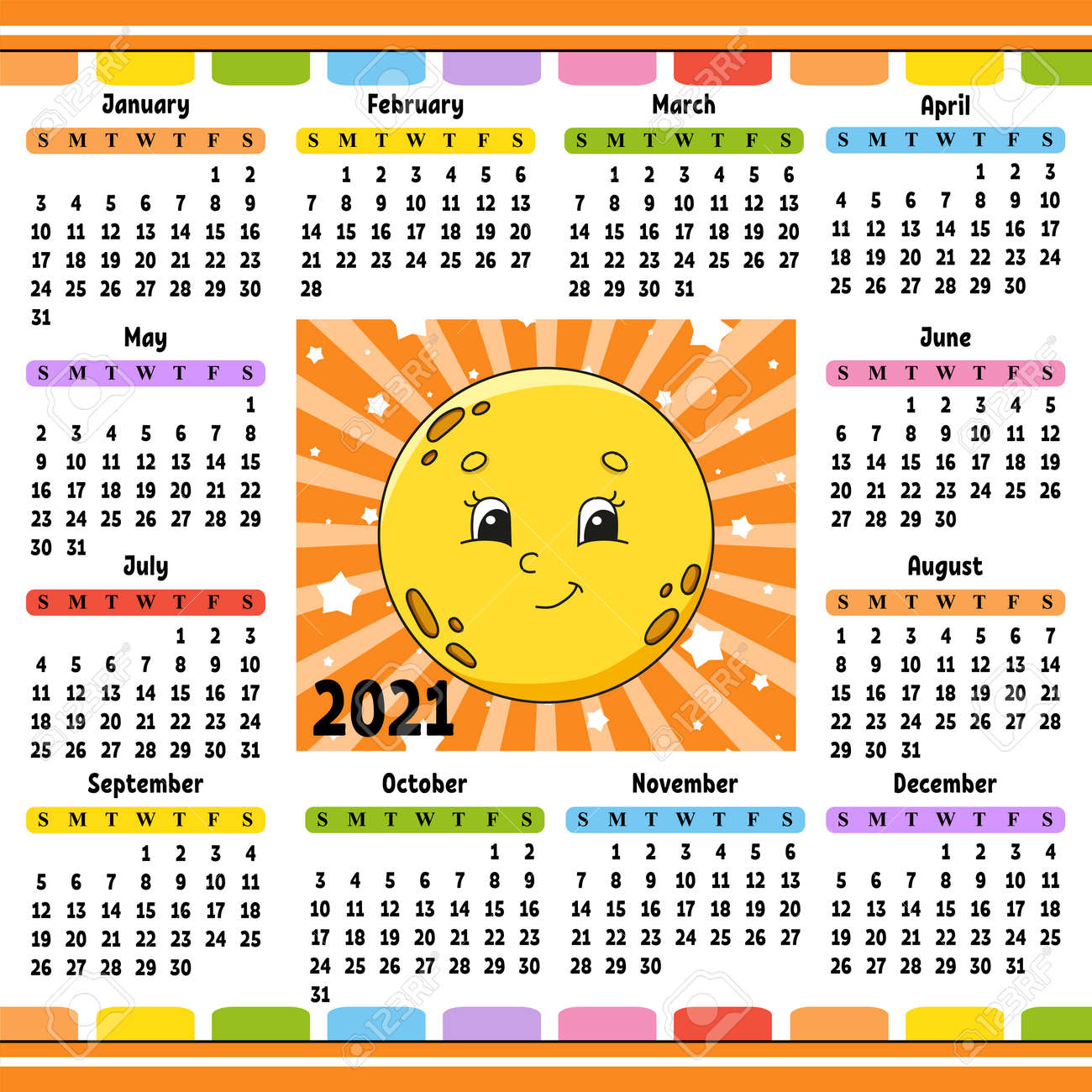 Calendar for 2021 with a cute character. Cute moon. Fun and bright design. Isolated color vector illustration. Cartoon style. - 169599794 Calendar for 2021 with a cute character. Cute moon. Fun and bright design. Isolated color vector illustration. Cartoon style. - 169599794