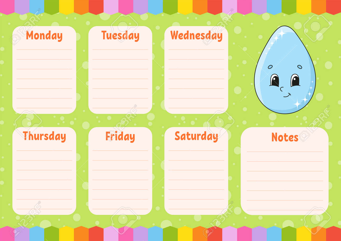 School schedule. Cute drop. Timetable for schoolboys. Empty template. Weekly planer with notes. Isolated color vector illustration. Cartoon character. - 169599810 School schedule. Cute drop. Timetable for schoolboys. Empty template. Weekly planer with notes. Isolated color vector illustration. Cartoon character. - 169599810