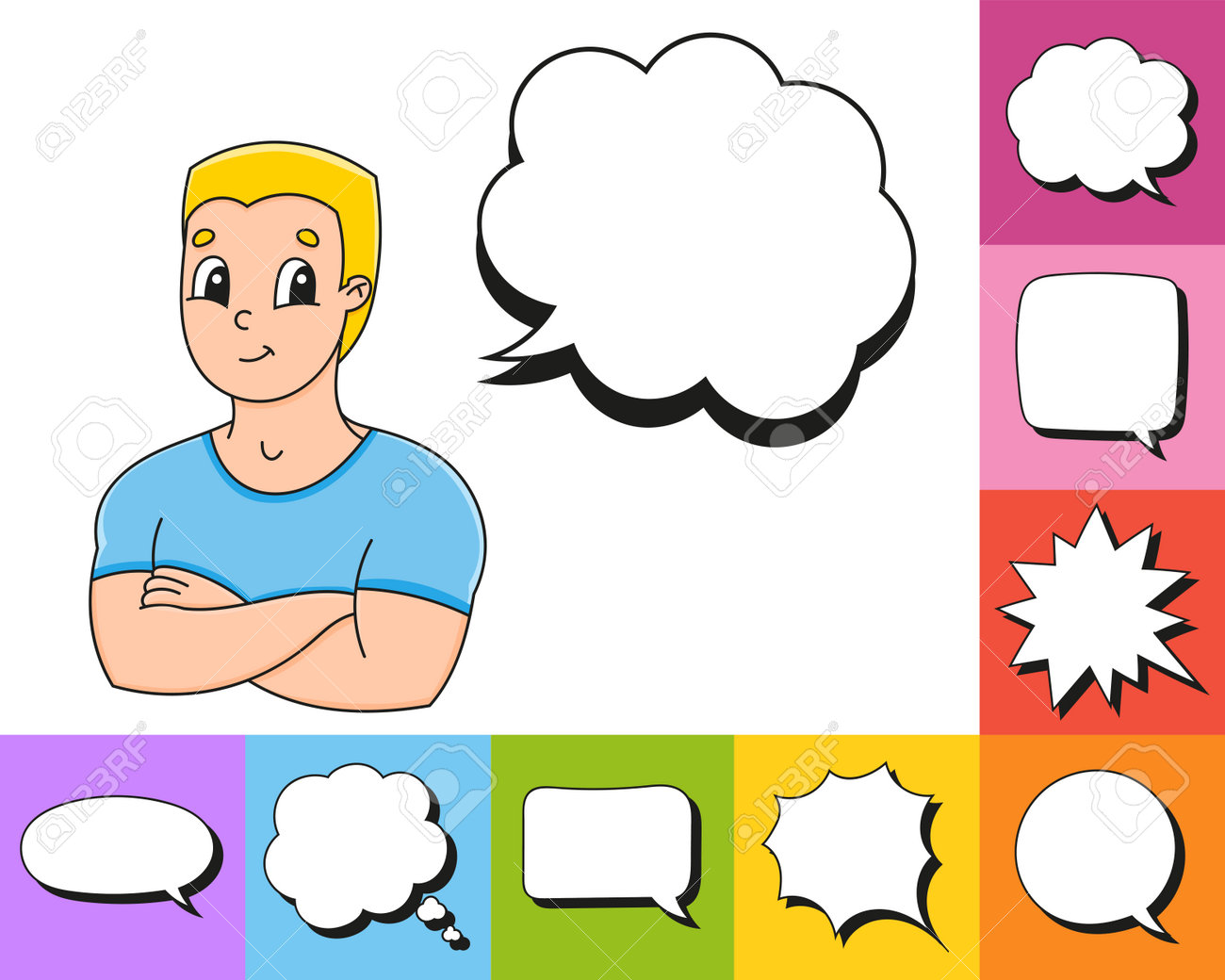 Set of speech bubbles of different shapes. With a cute cartoon character. Hand drawn. Thinking balloons. Vector illustration isolated on white background. Comic doodle style. - 169599811 Set of speech bubbles of different shapes. With a cute cartoon character. Hand drawn. Thinking balloons. Vector illustration isolated on white background. Comic doodle style. - 169599811