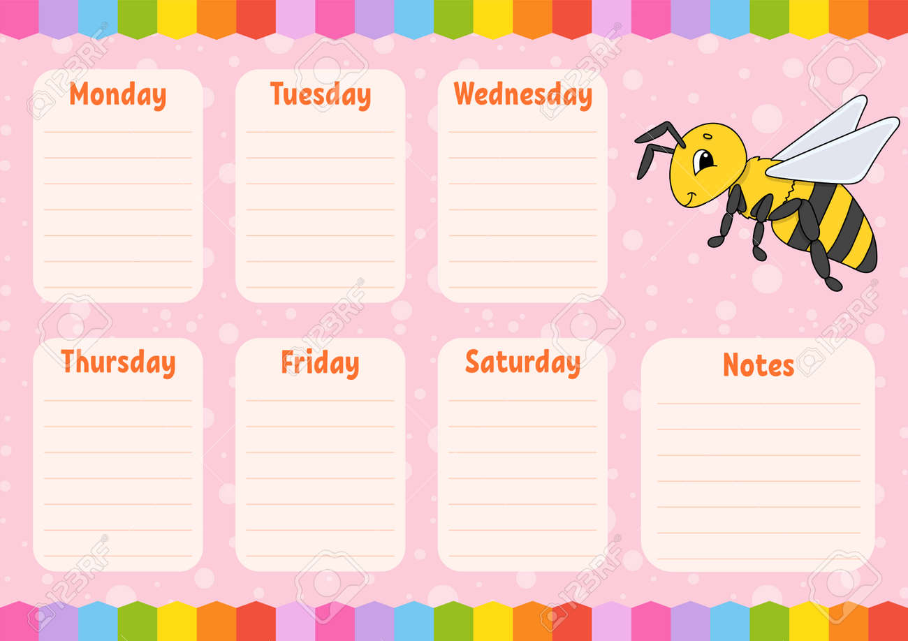 School schedule. Timetable for schoolboys. Striped bee. Empty template. Weekly planer with notes. Isolated color vector illustration. Cartoon character. - 169599819 School schedule. Timetable for schoolboys. Striped bee. Empty template. Weekly planer with notes. Isolated color vector illustration. Cartoon character. - 169599819