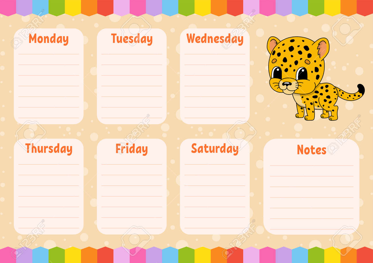 School schedule. Timetable for schoolboys. Spotted jaguar. Empty template. Weekly planer with notes. Isolated color vector illustration. Cartoon character. - 169599824 School schedule. Timetable for schoolboys. Spotted jaguar. Empty template. Weekly planer with notes. Isolated color vector illustration. Cartoon character. - 169599824