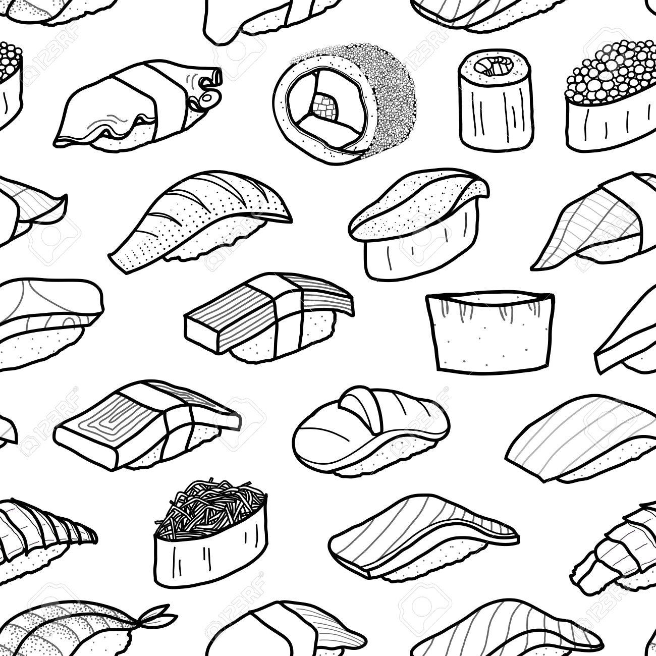 A Lot Of Sushi In Black Outline Random On White Background Cute Royalty Free Cliparts Vectors And Stock Illustration Image 85326999 See more ideas about sushi, sushi drawing, pattern design. a lot of sushi in black outline random on white background cute