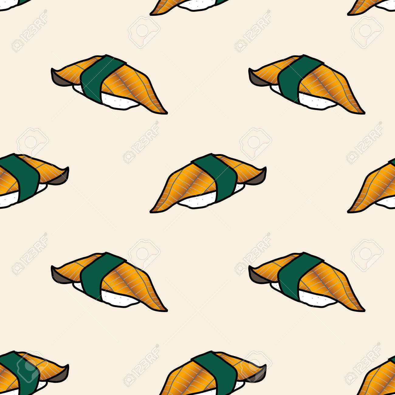 パステル調の背景にうなぎ寿司 かわいい和食手描きスタイルのイラスト シームレスなパターン デザイン のイラスト素材 ベクタ Image