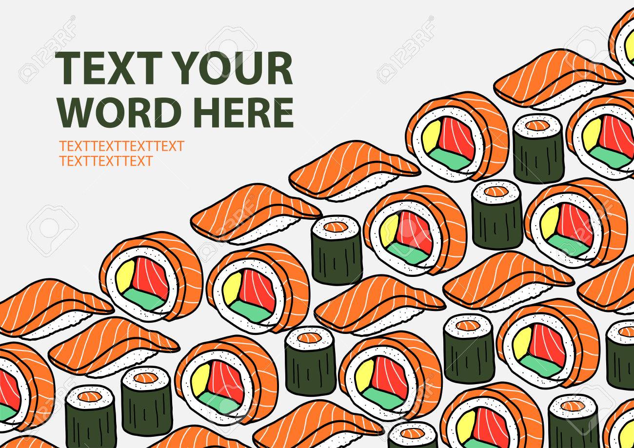 テキストを明るい灰色の背景上のカラフルなサーモン寿司やロール パレード カバー ポスターやペーパー プレート マット デザイン かわいい 和食手描きスタイルのイラスト のイラスト素材 ベクタ Image