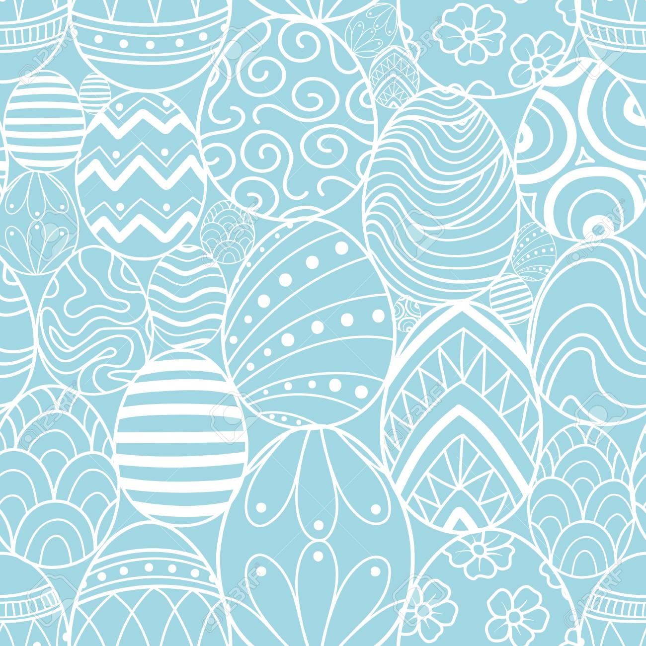 easter eggs in white outline random on blue background cute hand