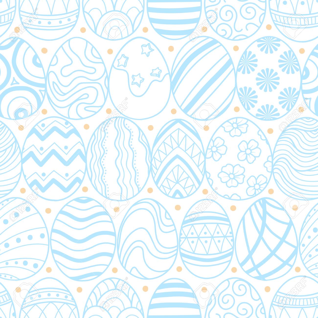 Easter Eggs In Pastel Blue Outline Pink Dots Line Up On White