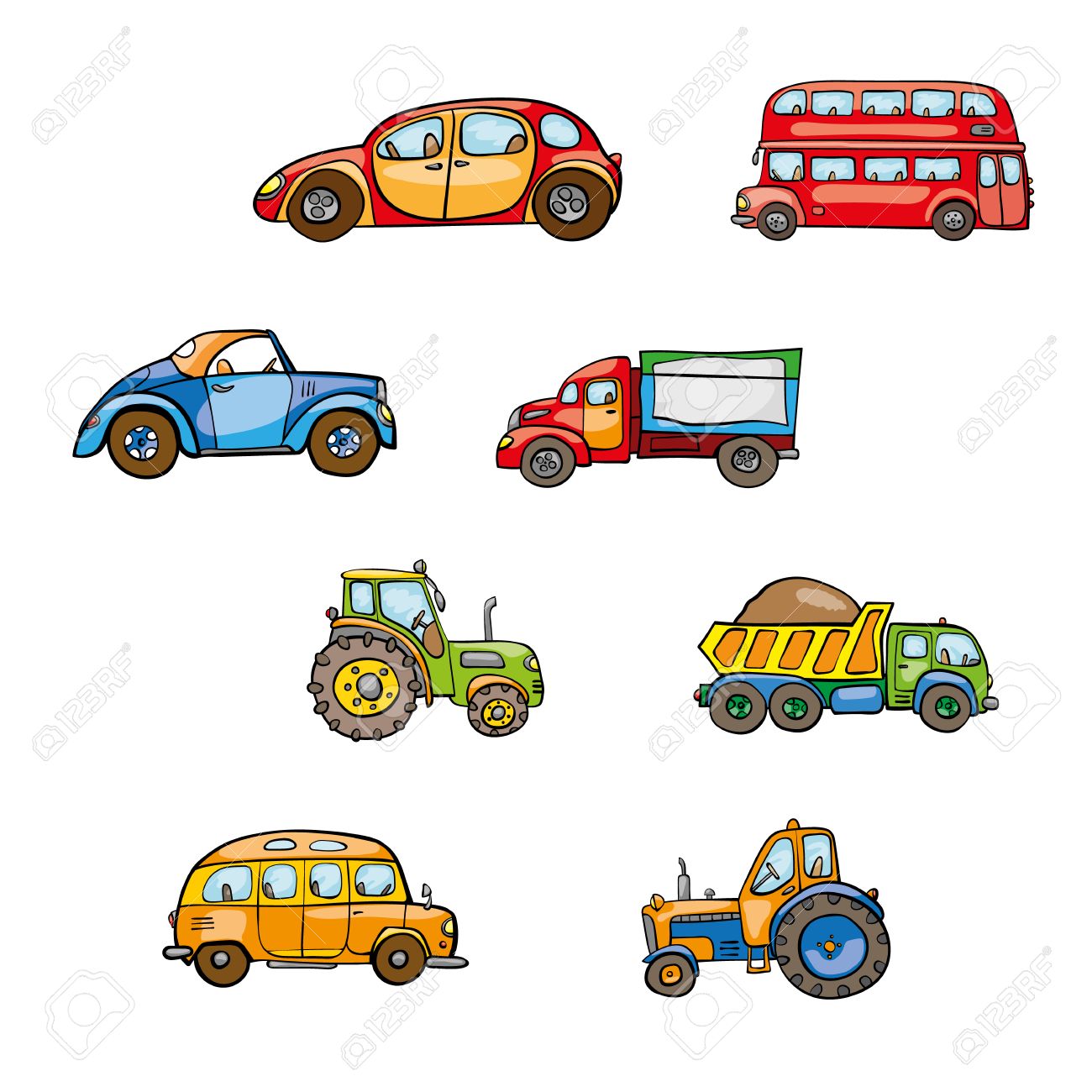 De Transporte De Juguete Dibujados A Mano Los Niños Linda Divertida Bebé Tractor Brillante De Dibujos Animados Autobuses Camiones Coches Ruedas Chuscos Ruta Coche Divertido Bip Bip Del Vector En El Fondo