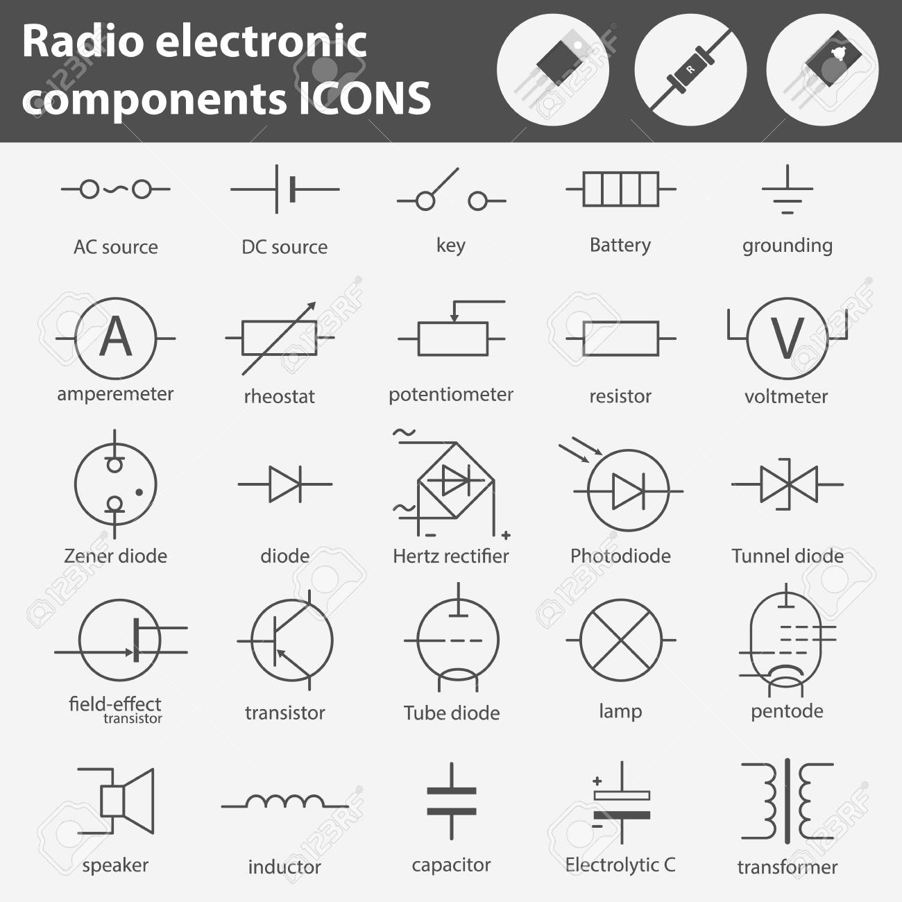 Symbols Of Radio Electronic Components Line Gray Icons Set. Stock Photo,  Picture and Royalty Free Image. Image 89612621., image size:1300x1300
