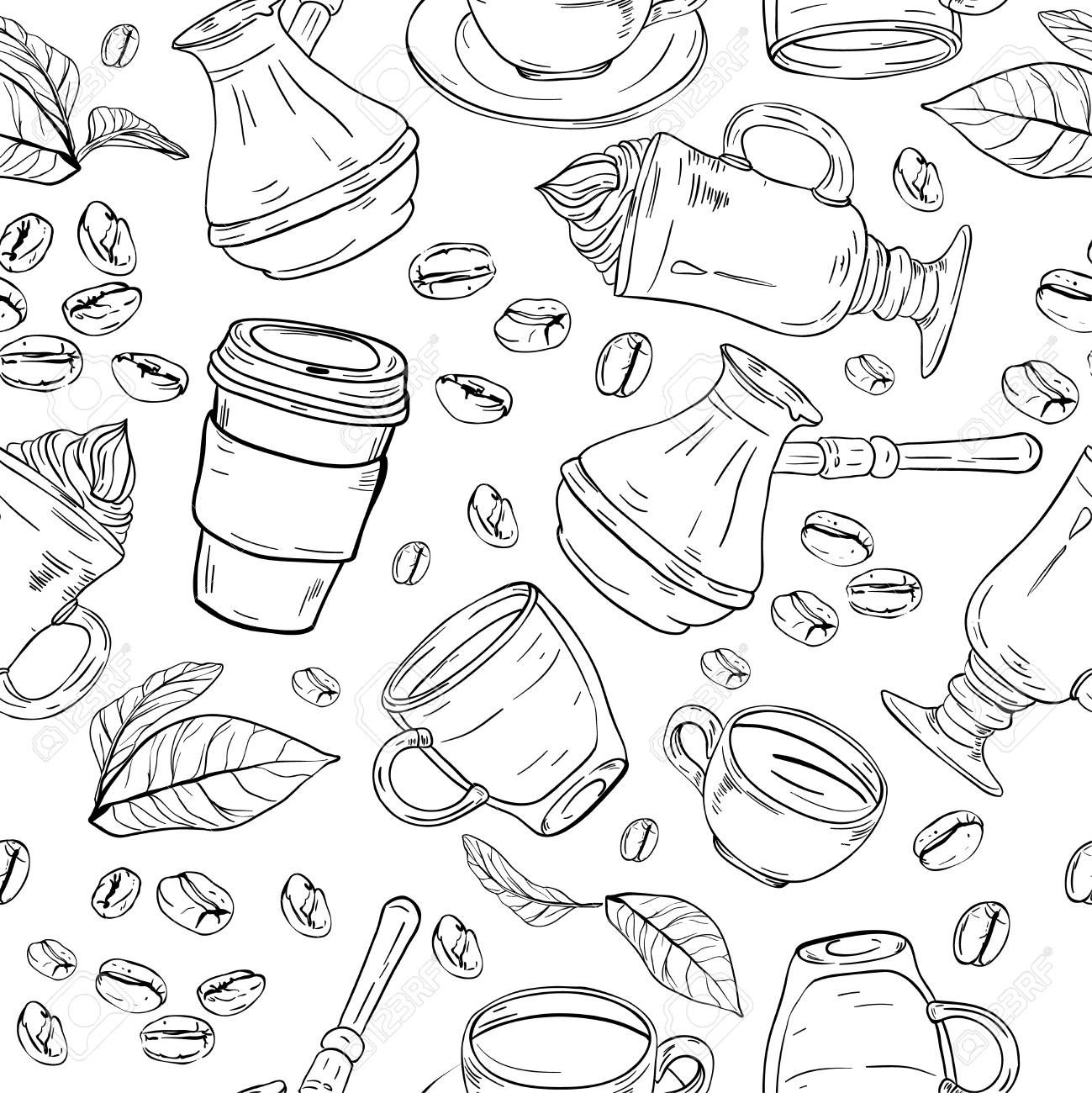 コーヒーとコーヒー豆の枝とのシームレスなコーヒー背景 スケッチ風の手描きイラスト の写真素材 画像素材 Image