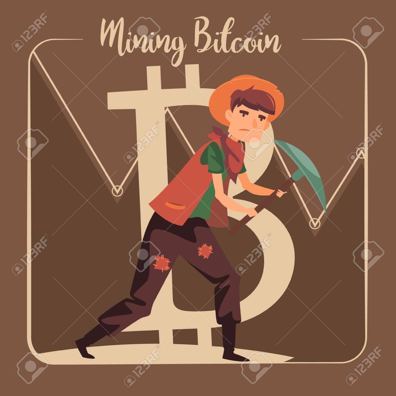 ビットコイン採掘コンセプトつるはし、若い男文字、硬貨および山のグラフ。ベクトル漫画のフラット実例のイラスト素材・ベクター Image 82325073