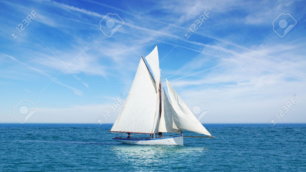 Seascape with sailboat the background of the blue sky - 15104607 Seascape with sailboat the background of the blue sky - 15104607