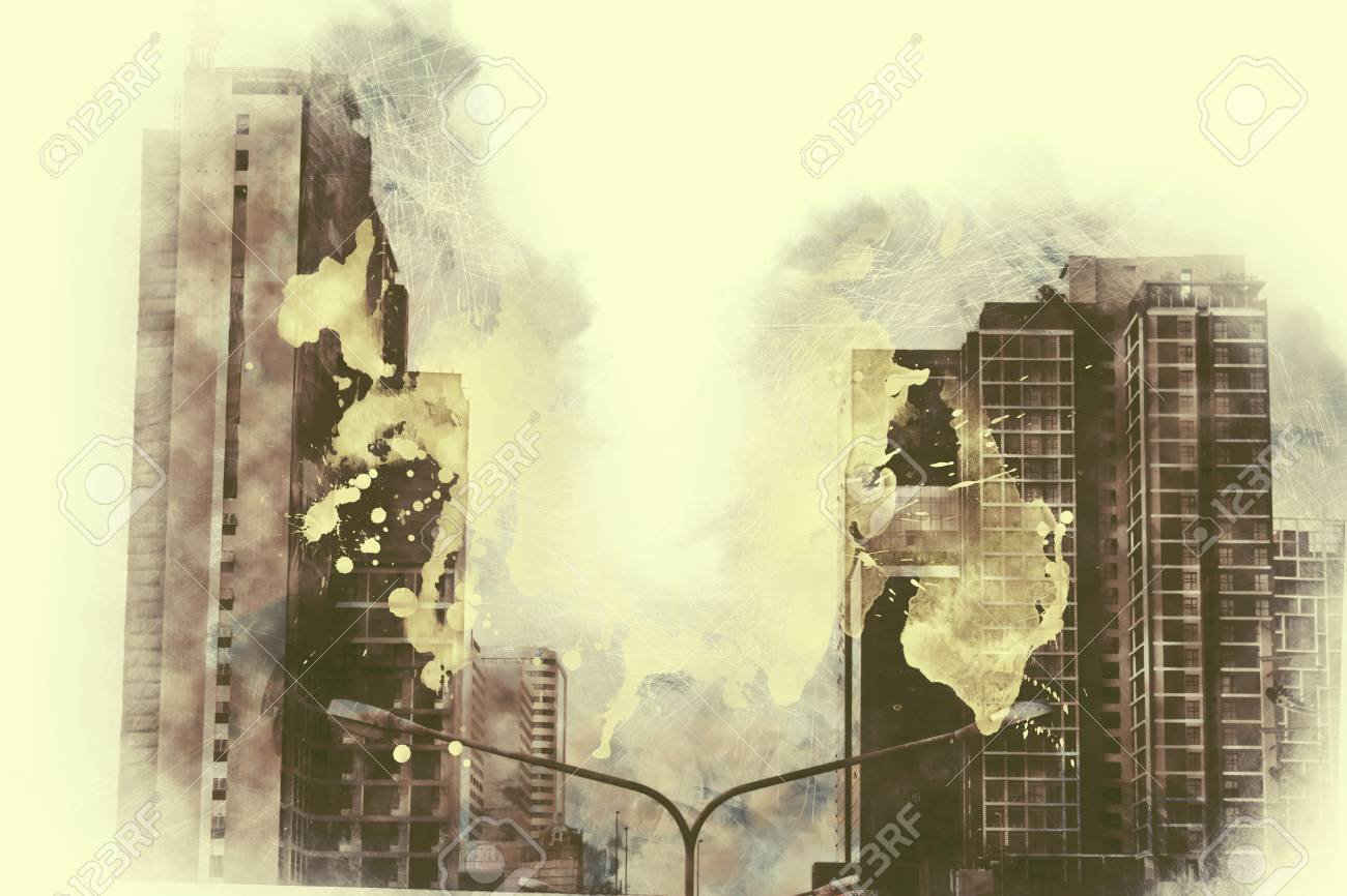水彩画の絵画の背景に建物を抽象化します。デジタル イラスト ブラシ アート市。