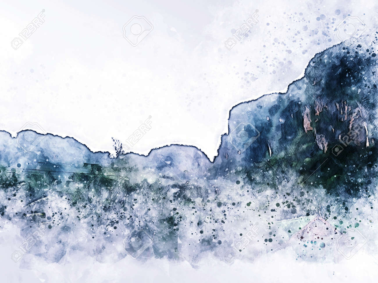 水彩イラスト絵画の背景に抽象的な緑のカラフルな形。の写真素材・画像