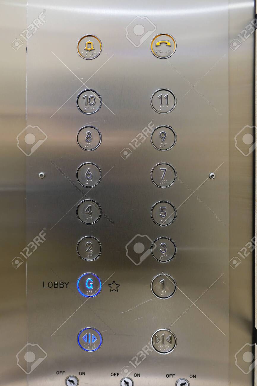 Elevator Buttons On Metal Panel With Ground Floor Pressed Stock