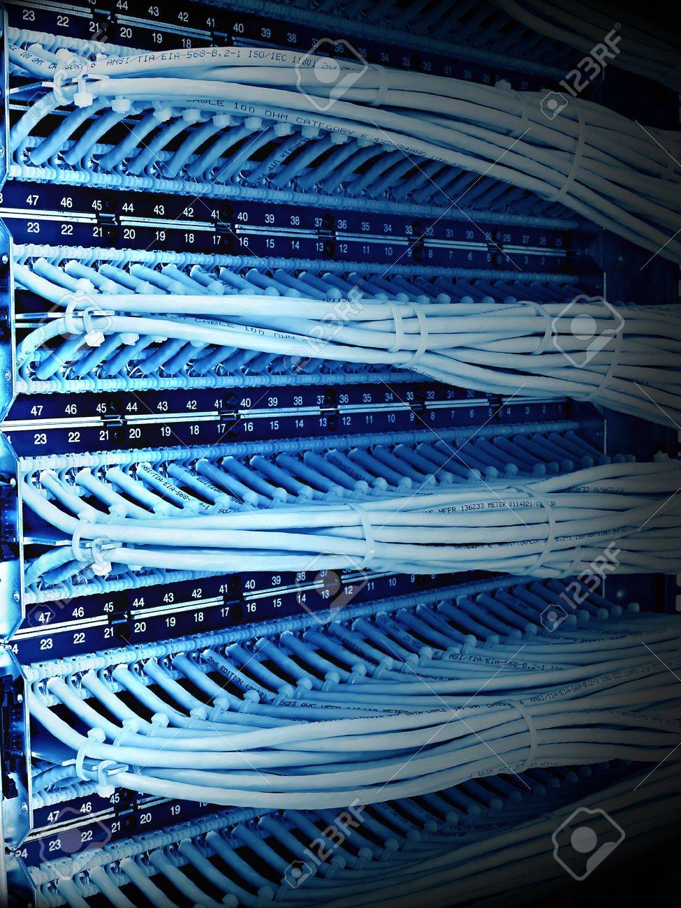 kind of wiring closet patch panels with 6-th category in the background, blue